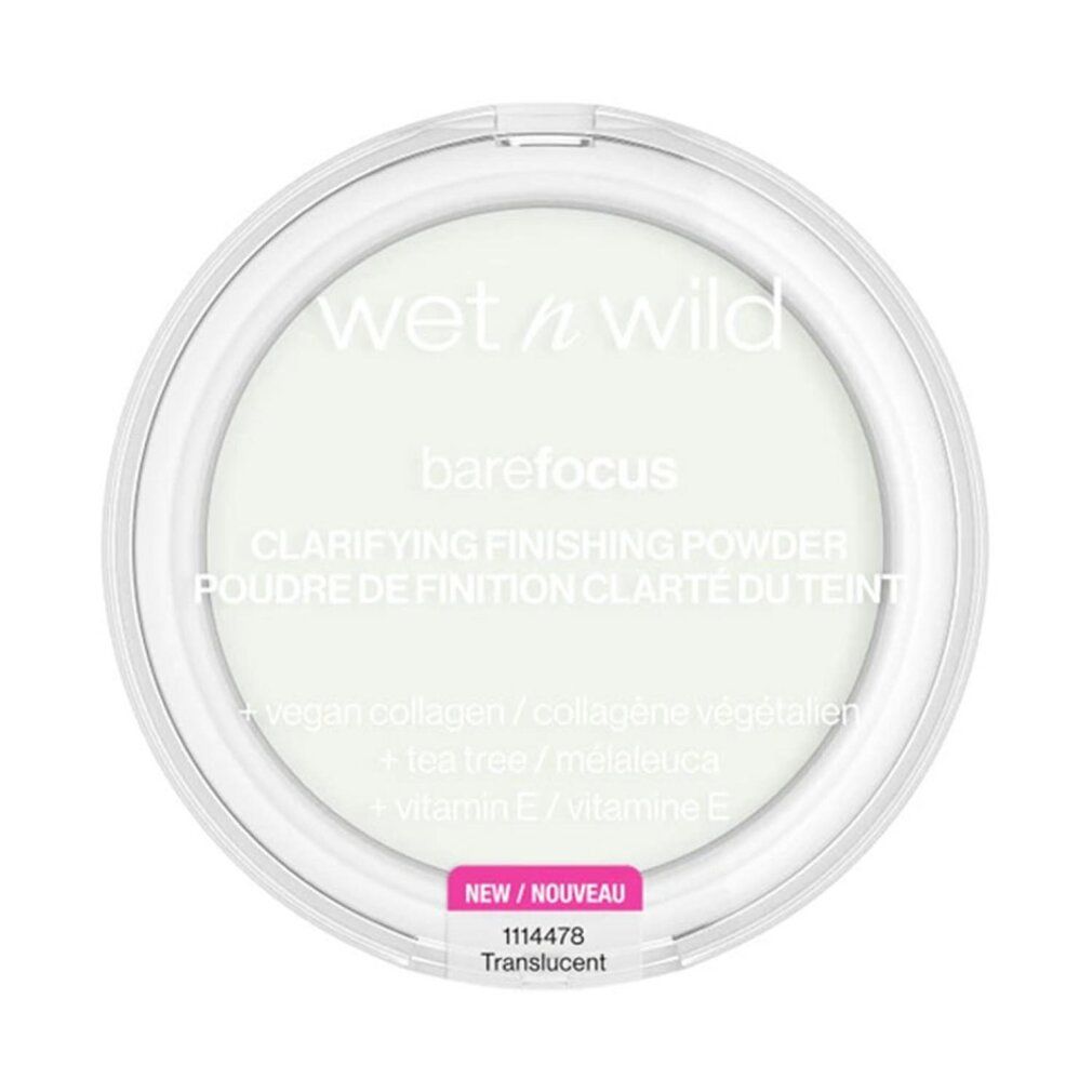Runder, transparenter Behälter mit weißem Puder. Aufschrift: Wet n Wild, barefocus. Etikett: NEW/NOUVEAU, 1114478, Translucent.