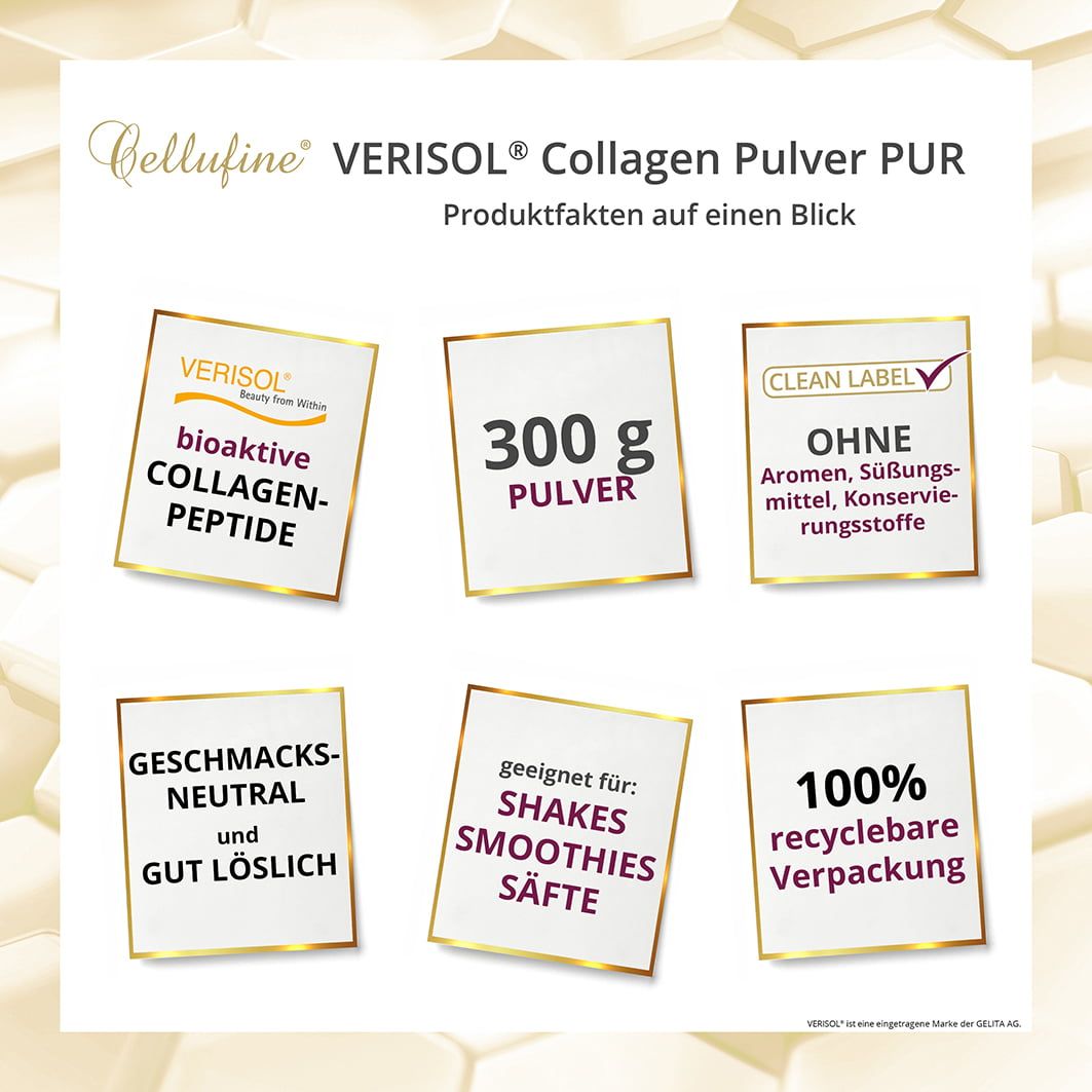 Sechs quadratische Karten mit Produktinformationen. Text: bioaktive Collagen-Peptide, 300 g Pulver, ohne Aromen, Süßungsmittel, Konservierungsstoffe, geschmacksneutral, Shakes, Smoothies, Säfte, 100% recyclebare Verpackung.