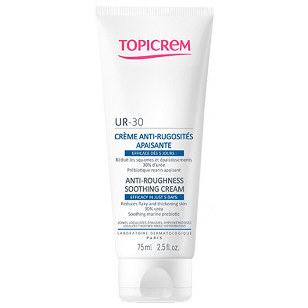 Weiße Tube mit roter und blauer Schrift. Oben steht "TOPICREM". Darunter "UR-30 CRÈME ANTI-RUGOSITÉS APAISANTE".