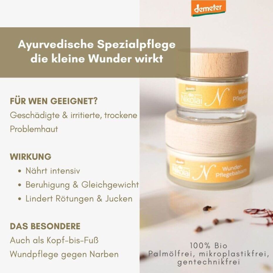 Zwei Gläser Wunder-Pflegebalsam mit Safran, Holzdeckel, gelbes Etikett. Demeter-Logo. Text: Ayurvedische Spezialpflege.