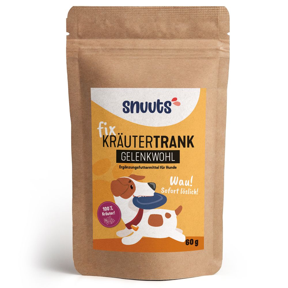 Beutel mit Produktaufdruck. Aufdruck: "snuuts Kräutertrank Gelenkwohl". Abbildung eines Hundes mit Frisbee. Text: "100% Kräuter!" und "60g".