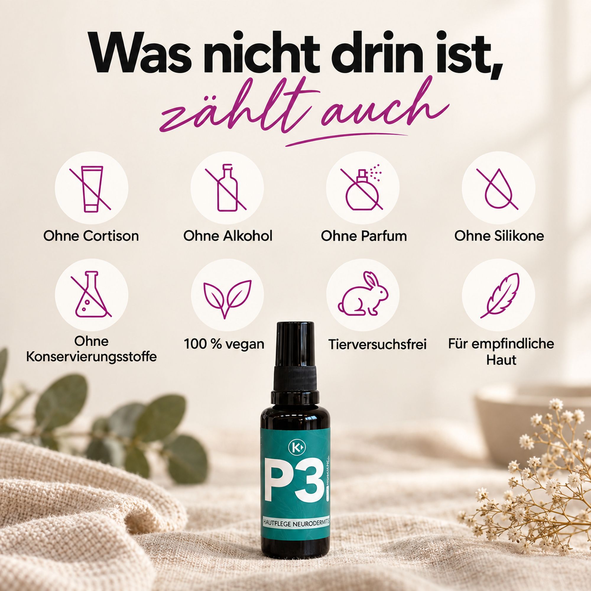 Clese P3 Spray: Ohne Cortison, Alkohol, Parfum, Silikone, Konservierungsstoffe. Vegan.