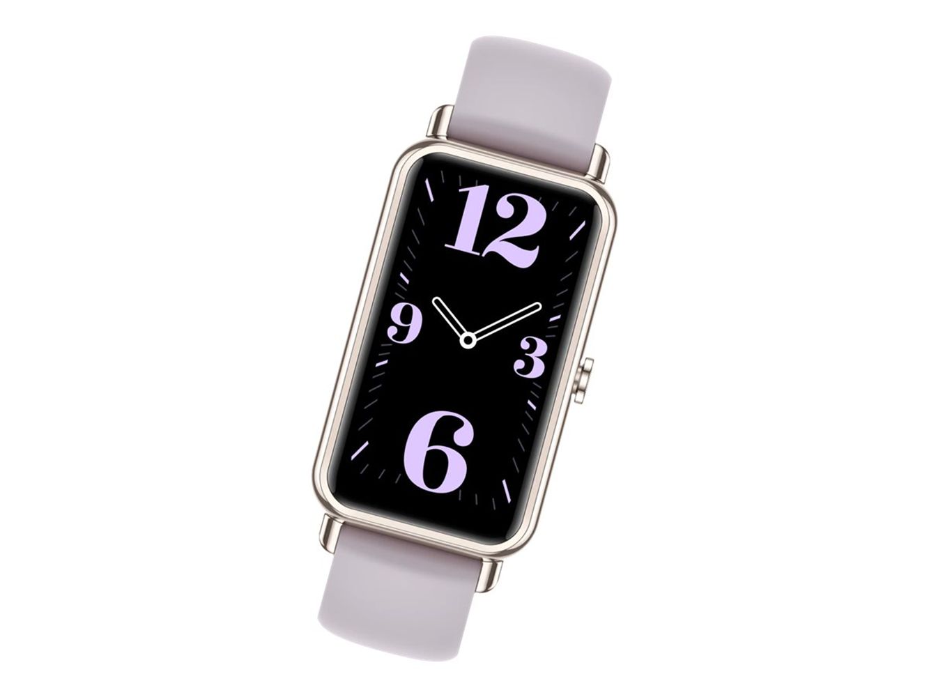 Smartwatch mit violettem Armband und rechteckigem Display. Ziffernblatt mit Ziffern 12, 3, 6, 9.
