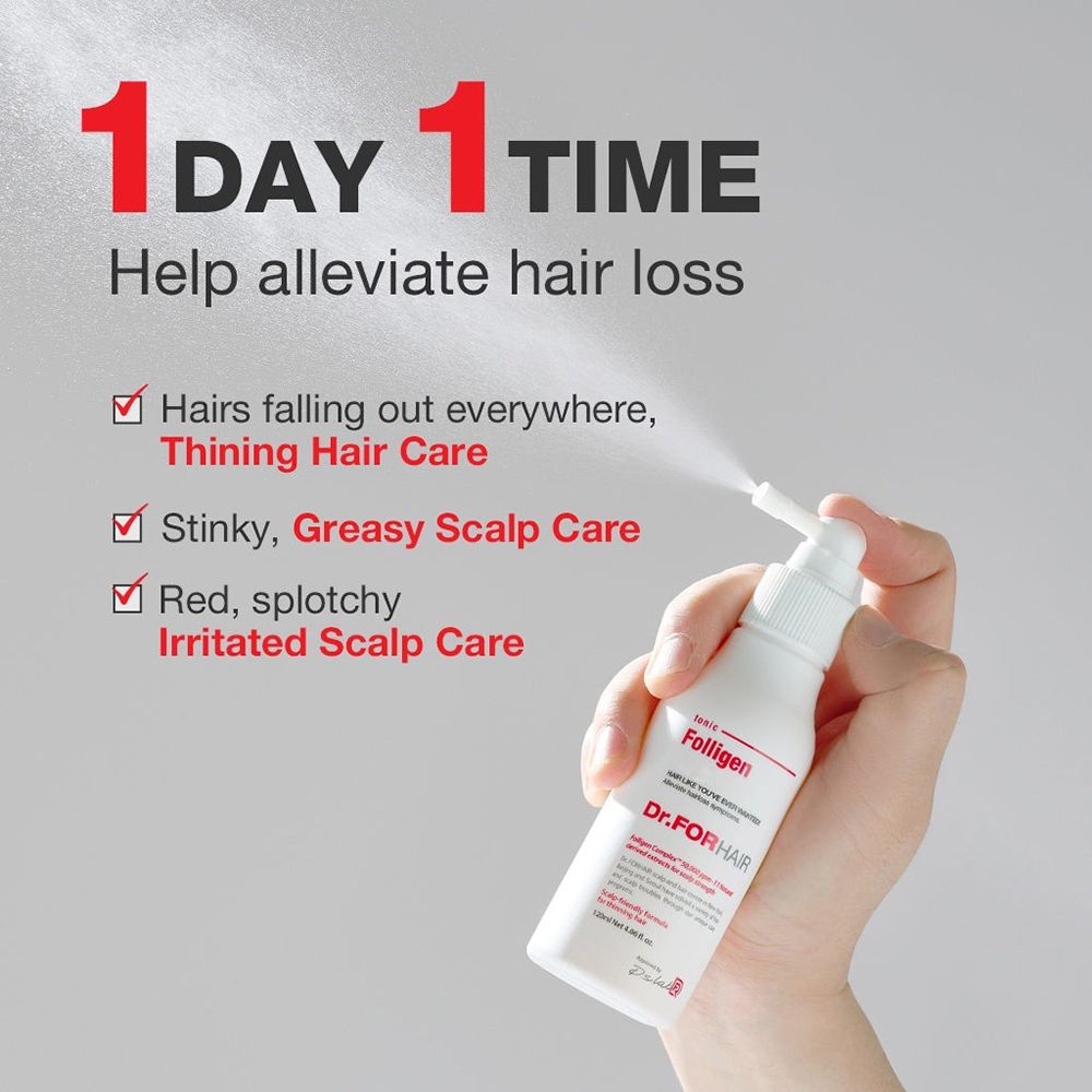 Weiße Flasche mit Sprühkopf. Text: Folligen, Dr. FORHAIR. Hilft bei Haarausfall.