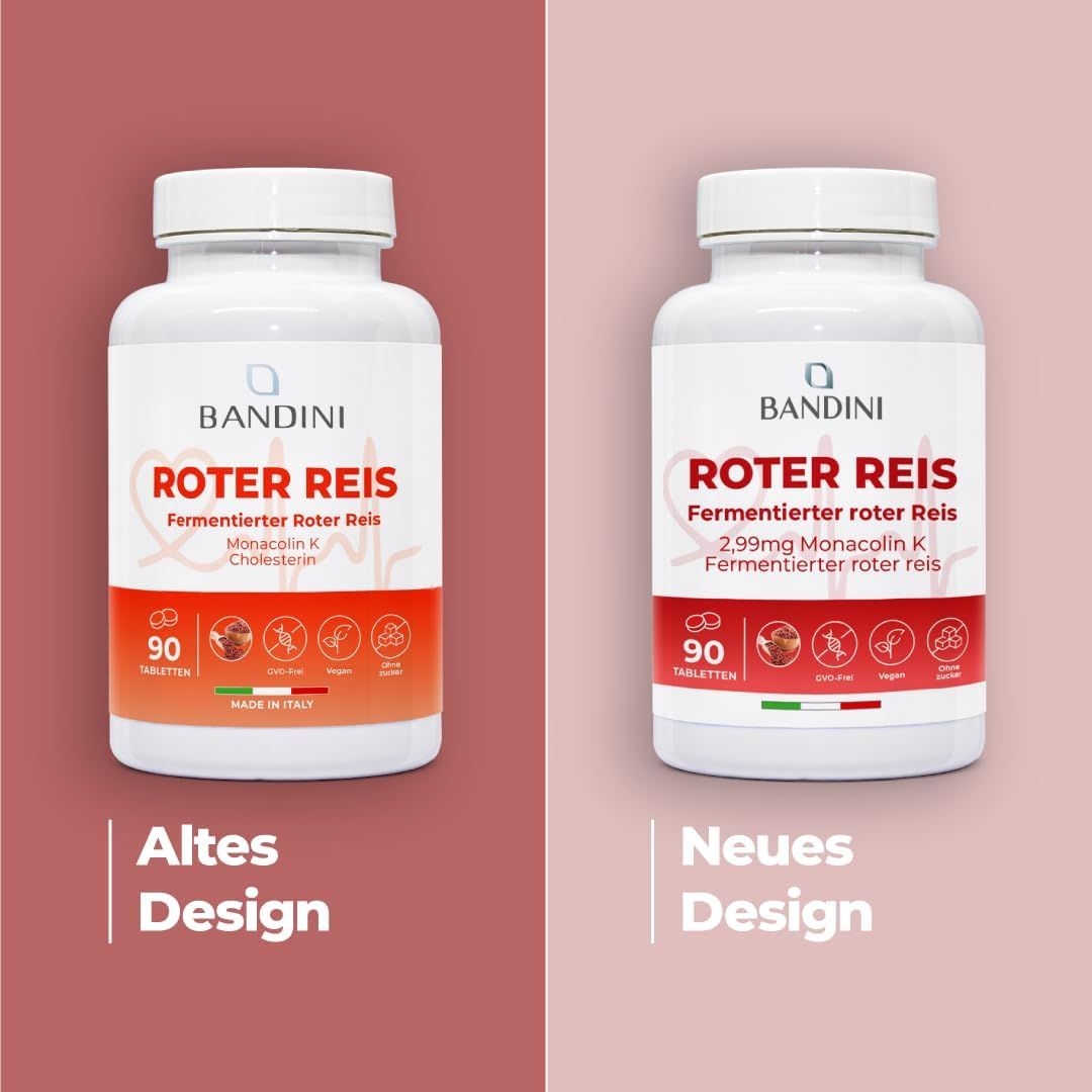 Zwei Flaschen Bandini Roter Reis Tabletten. Altes und neues Design. Rote Etiketten mit Text: Roter Reis, 90 Tabletten.