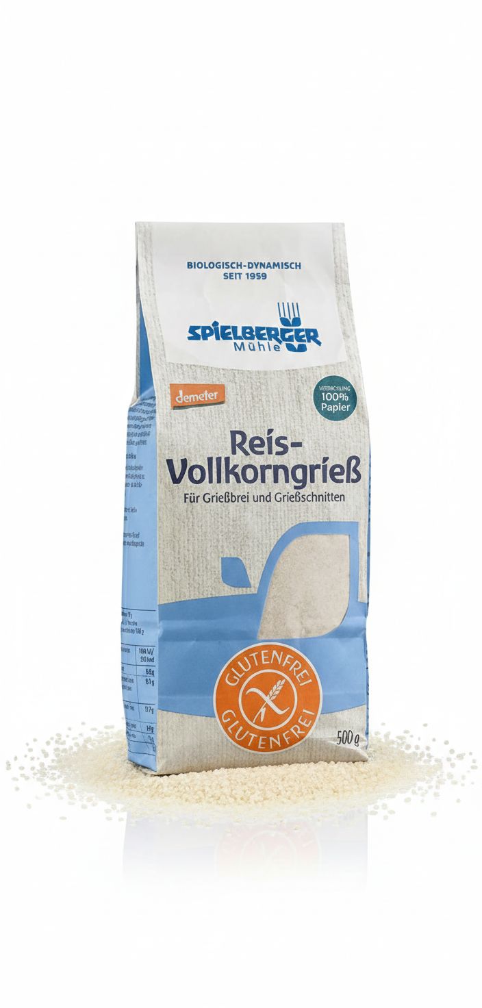 Spielberger Reis-Vollkorngrieß, glutenfrei, 500g Packung mit Demeter-Siegel.