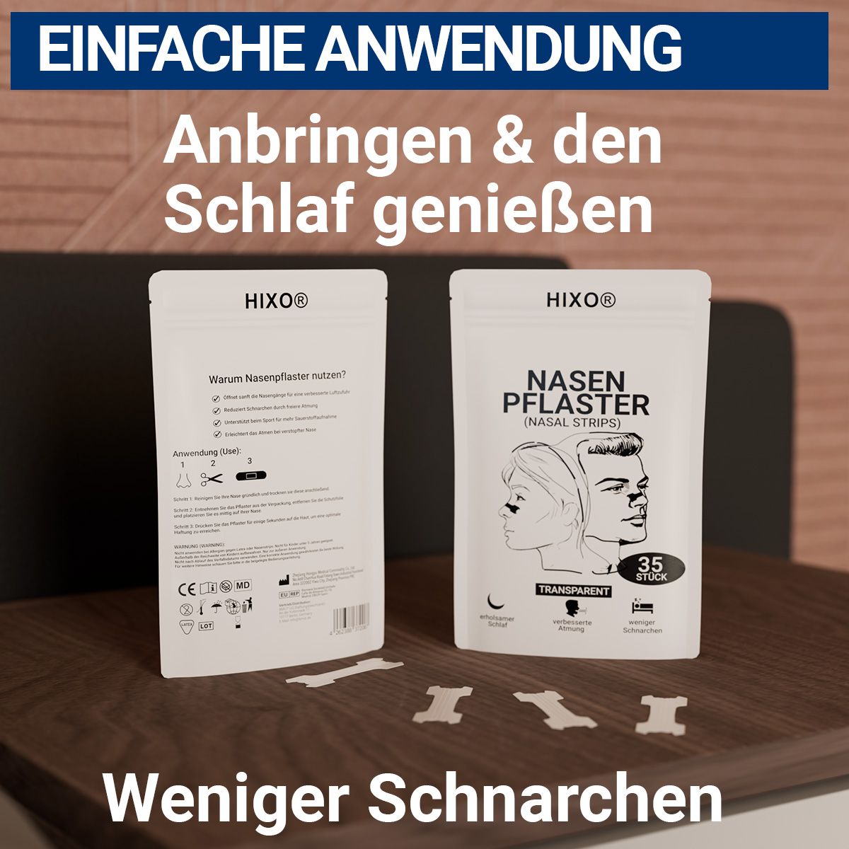Zwei weiße Verpackungen mit Nasenpflastern. Daneben liegen Nasenpflaster. Text: HIXO, Nasenpflaster, 35 Stück, transparente Ausführung.