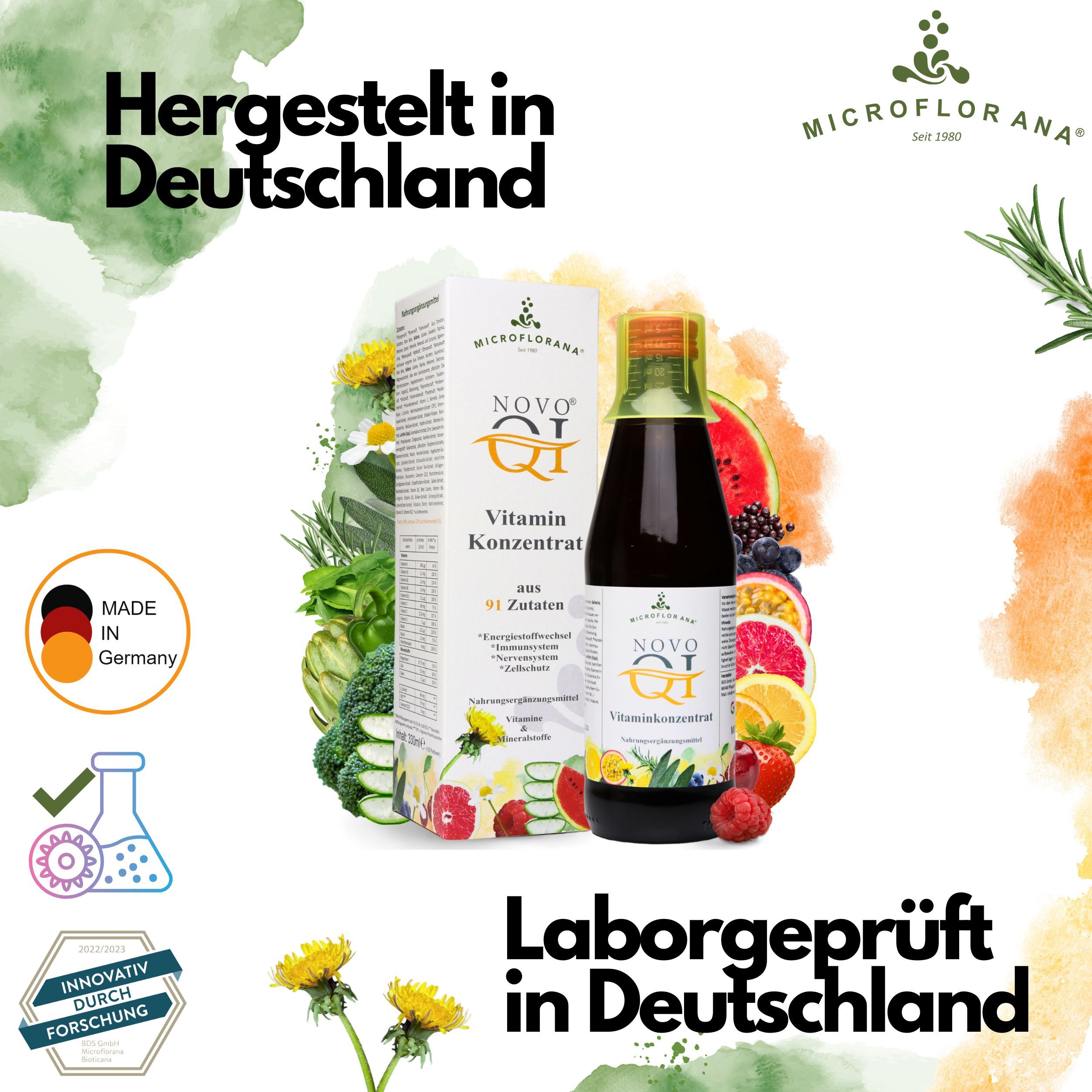 Flasche Novo Qi Vitamin Konzentrat und Verpackung. Text: Hergestellt in Deutschland, Laborgeprüft in Deutschland. Mit Qualitätssiegeln.
