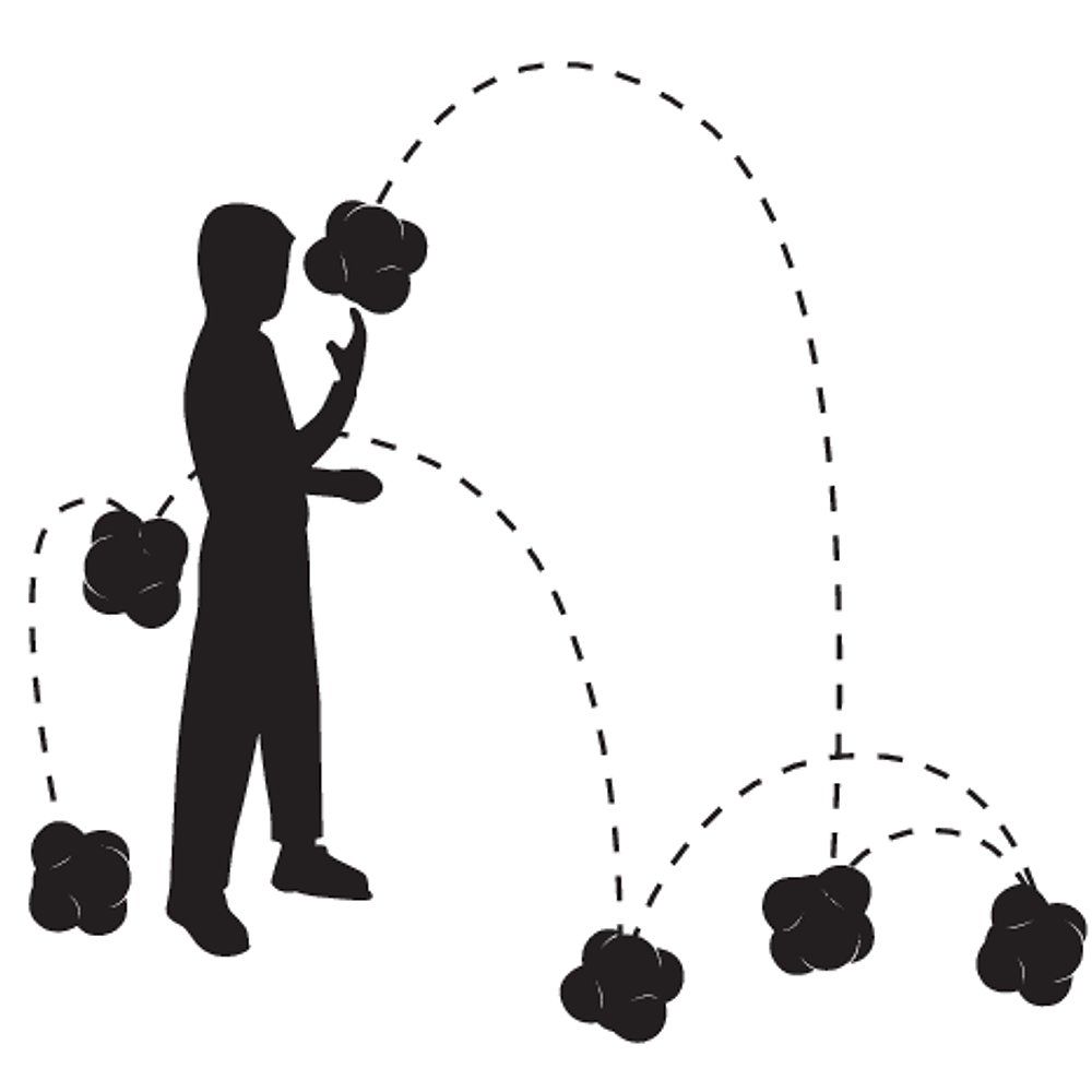 Silhouette einer Person, die mit mehreren Bällen spielt. Gestrichelte Linien zeigen die Flugbahn.