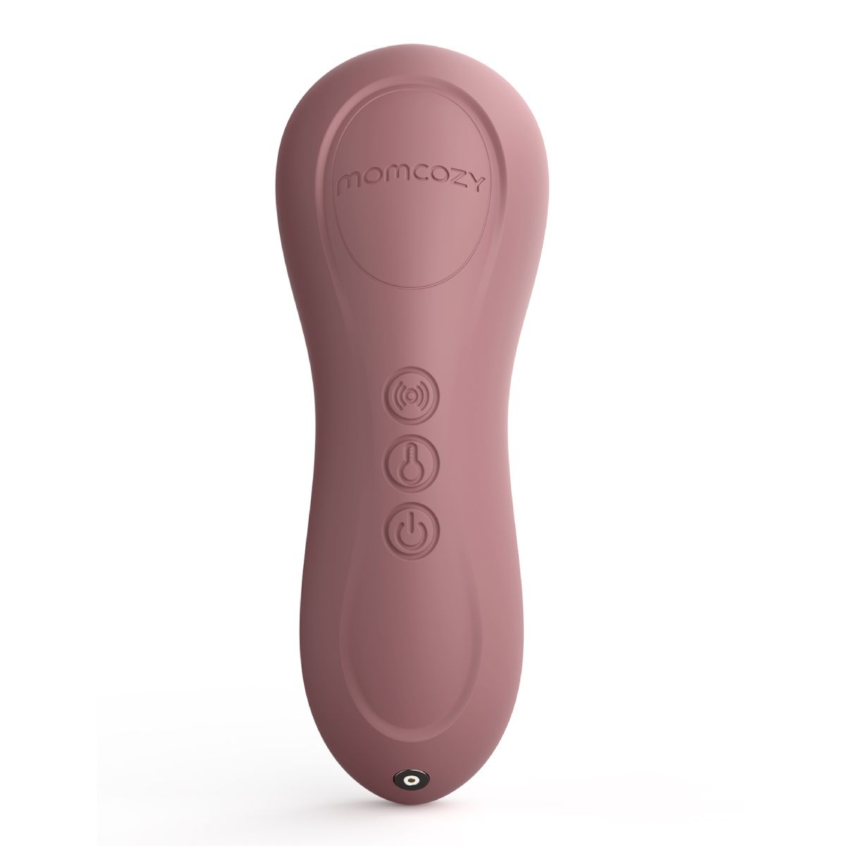 Rosa Massagegerät mit Momcozy-Logo und drei Tasten. Oben, Mitte und unten. Unten ist ein Ladeanschluss.