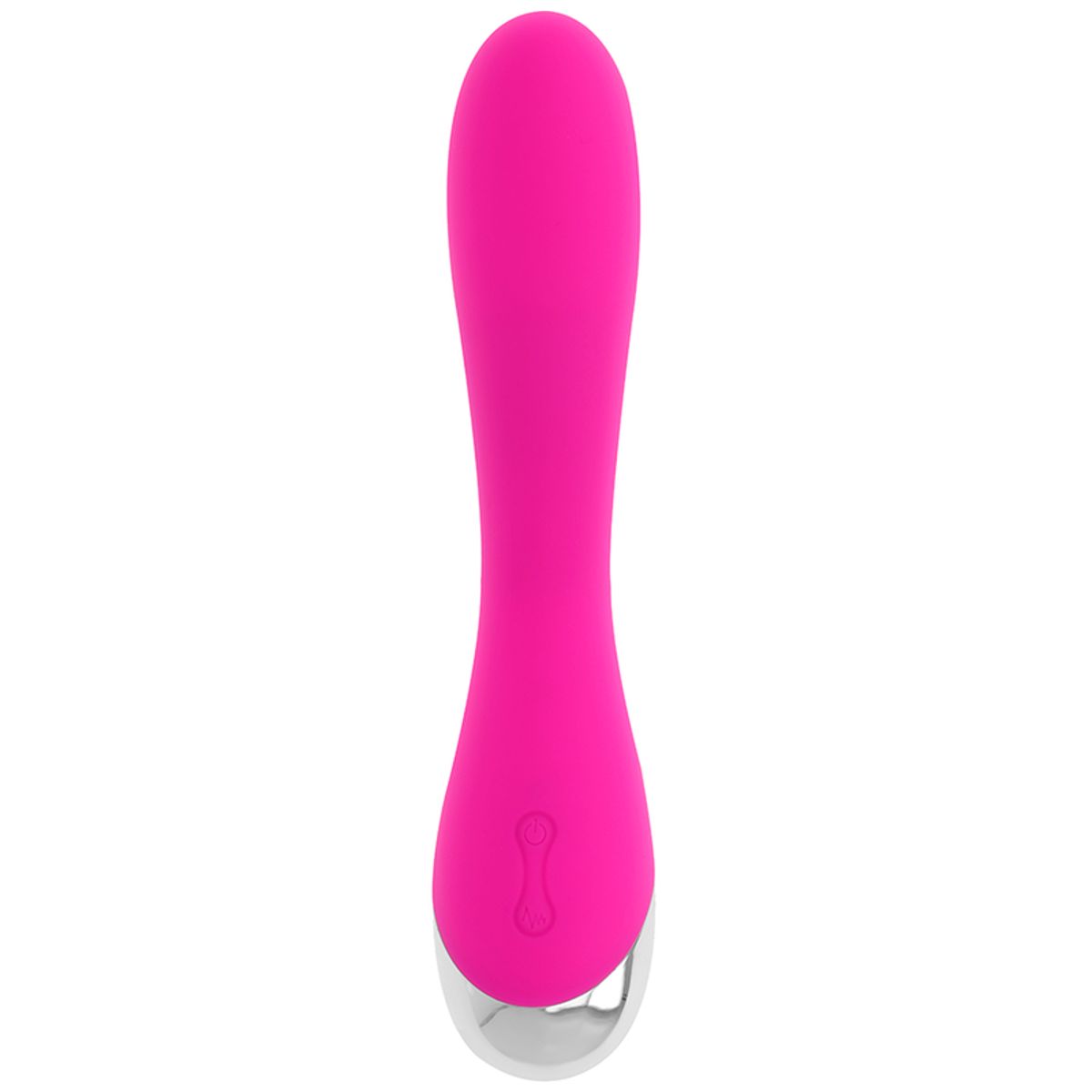 Pinkfarbener Vibrator mit silberfarbener Spitze. Zylindrische Form. Glatte Oberfläche. Auf weißem Hintergrund.