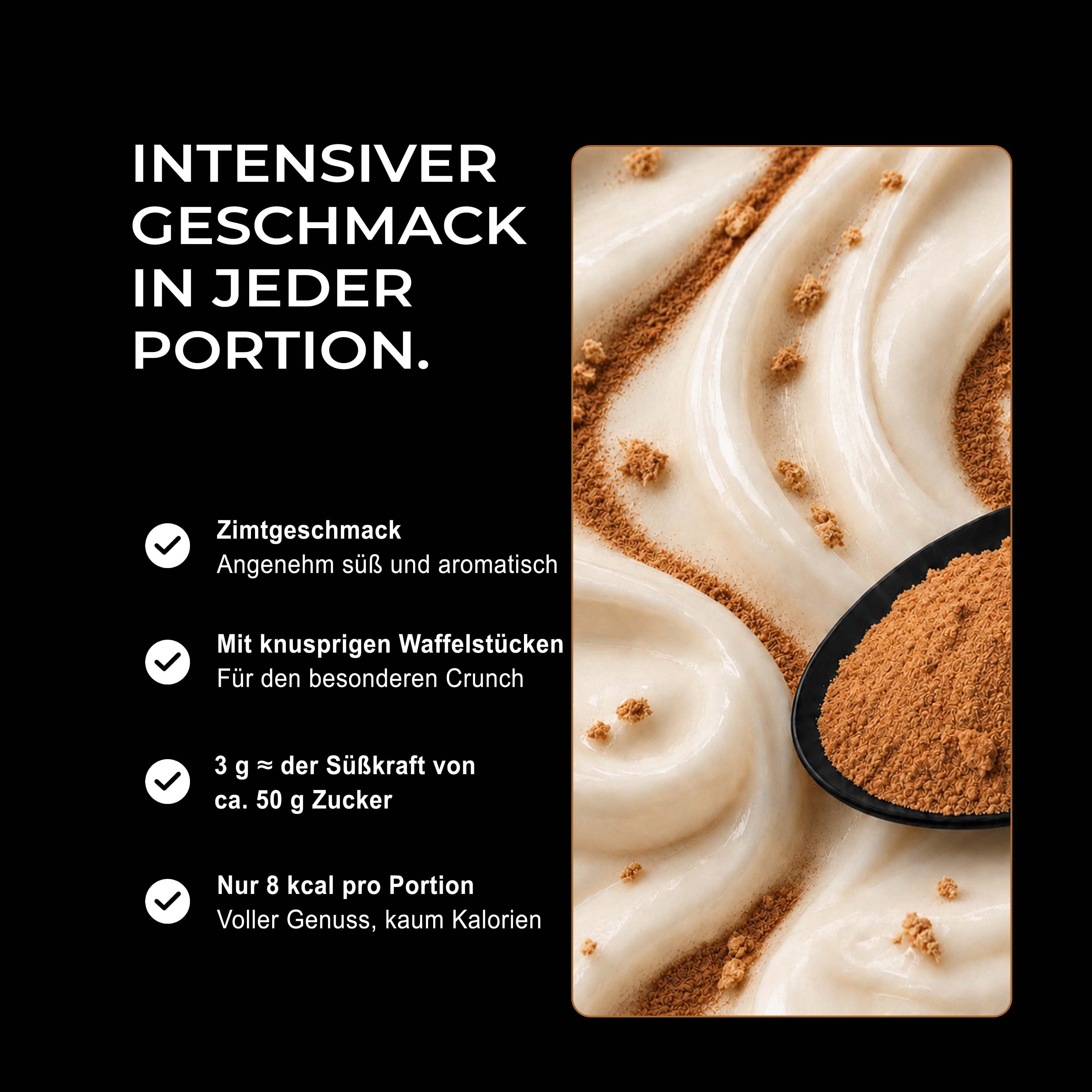 Neosupps Geschmackspulver mit Zimtgeschmack und knusprigen Waffelstücken.