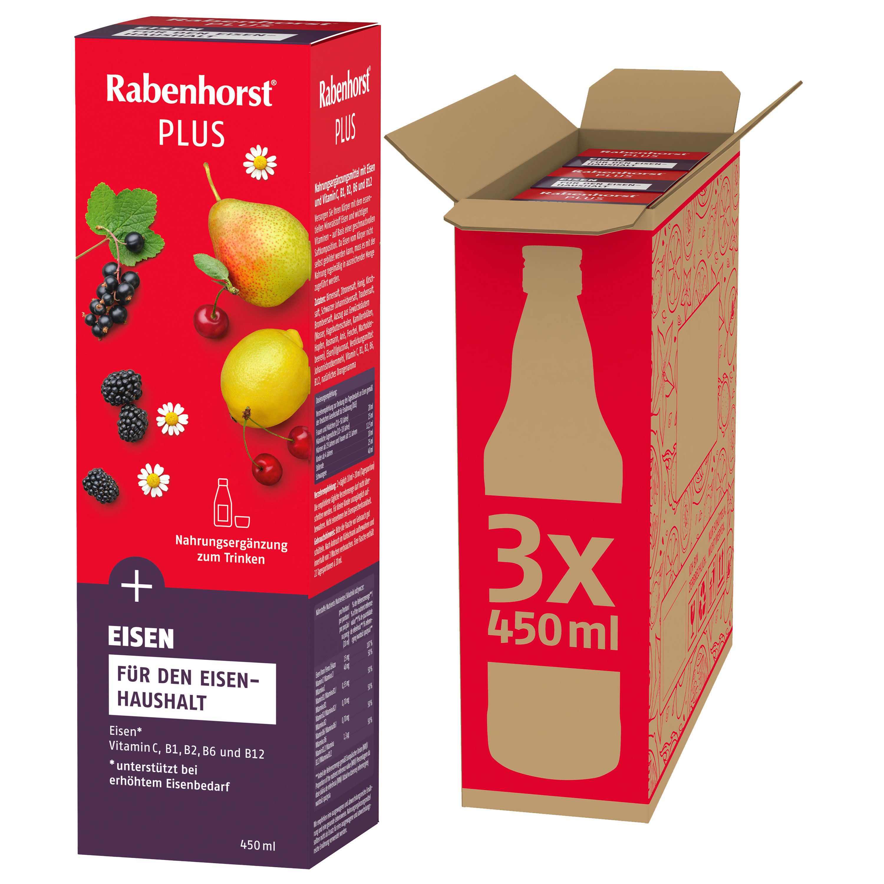 Rote Kartonverpackung mit Rabenhorst Plus. Enthält 3 Flaschen à 450ml. Aufdruck mit Früchten und Eisen-Hinweis.