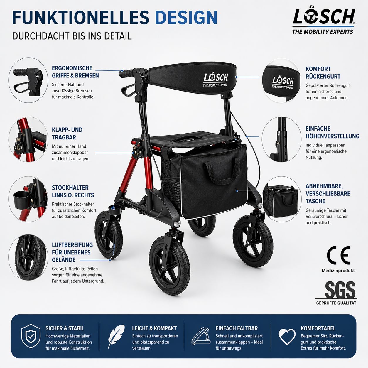 Rollator mit rotem Rahmen, schwarzem Sitz und Tasche. Ergonomische Griffe, Luftbereifung. Logo: LÖSCH. CE-Kennzeichnung.