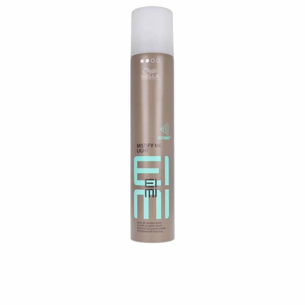 Haarspray-Dose. Marke Wella Eimi. Zylindrische Form, hellbraun mit weißem Deckel. Text: Mistify Light.