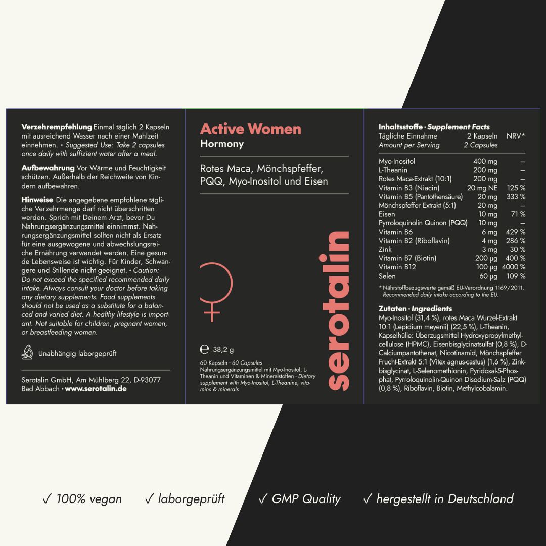 Verpackung von Serotalin Active Women Hormony Kapseln mit Inhaltsstoffen und Anwendungshinweisen.