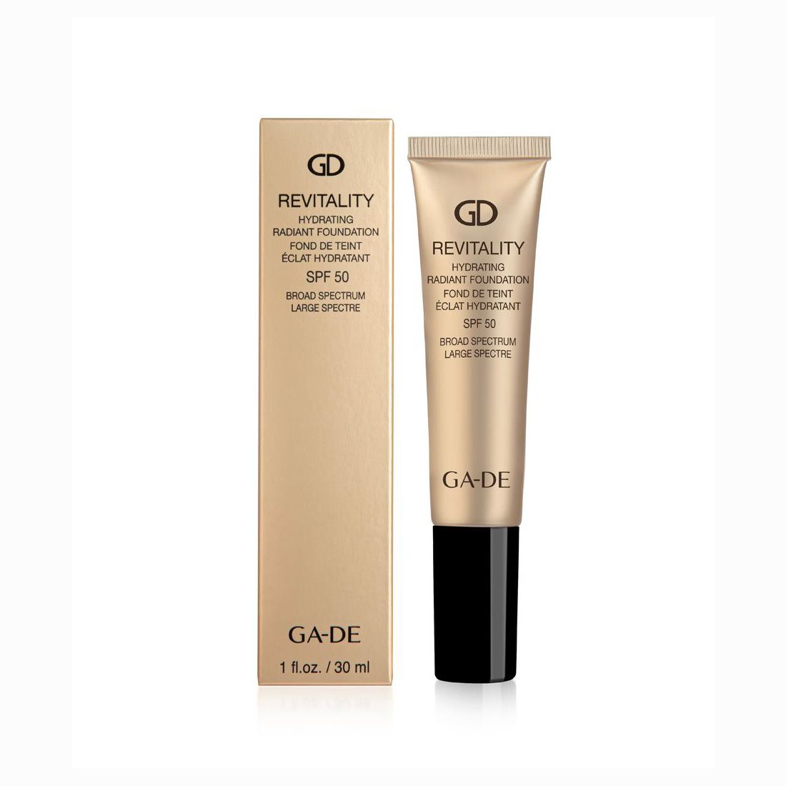 Ga-De Revitality Foundation. Tube und Schachtel. Goldfarben, schwarzer Deckel. Text: Revitality, SPF 30, Ga-De. 1 fl.oz./30 ml.