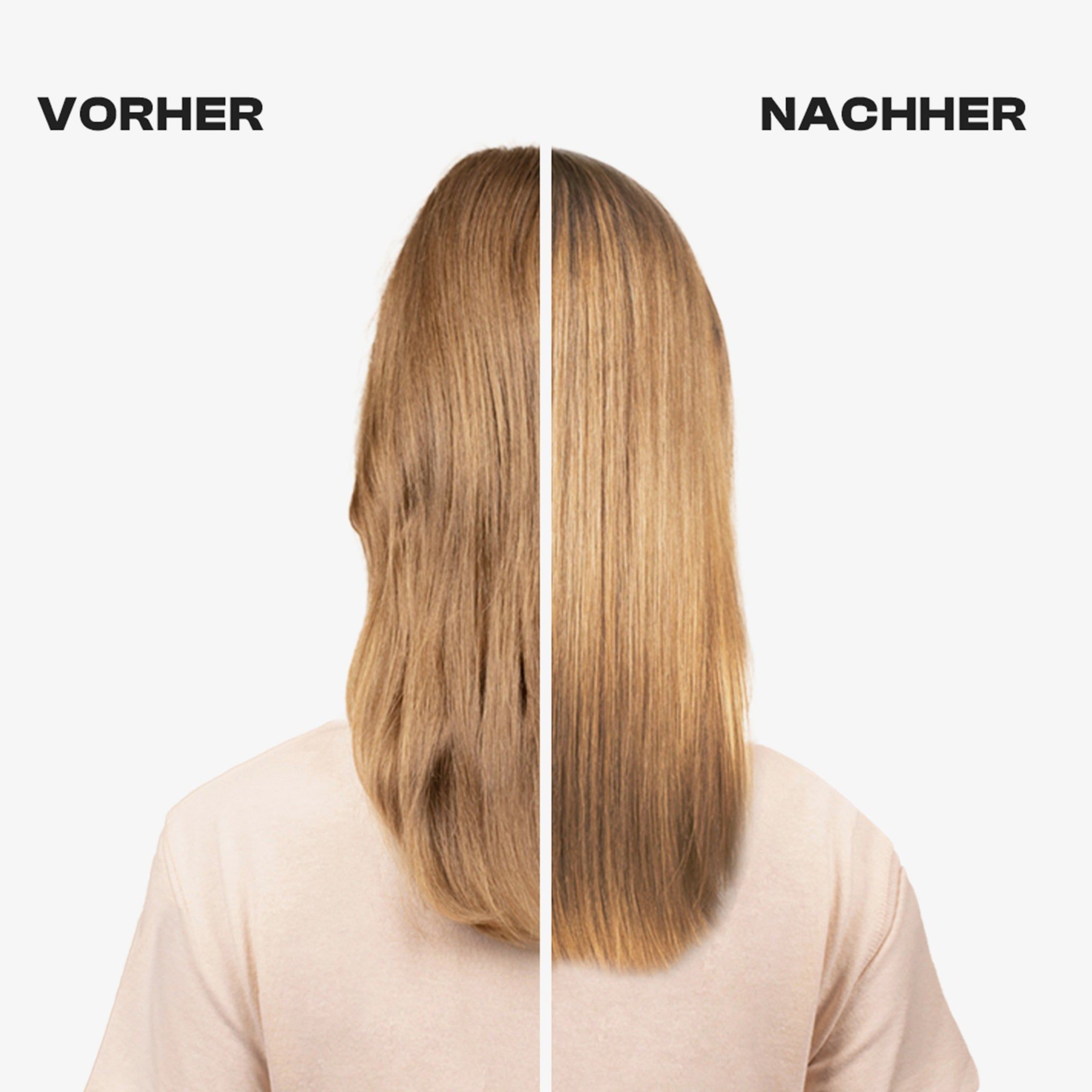 Vorher-Nachher-Vergleich. Haare vor und nach der Anwendung. Linke Seite: ungepflegt. Rechte Seite: glatt, blond.