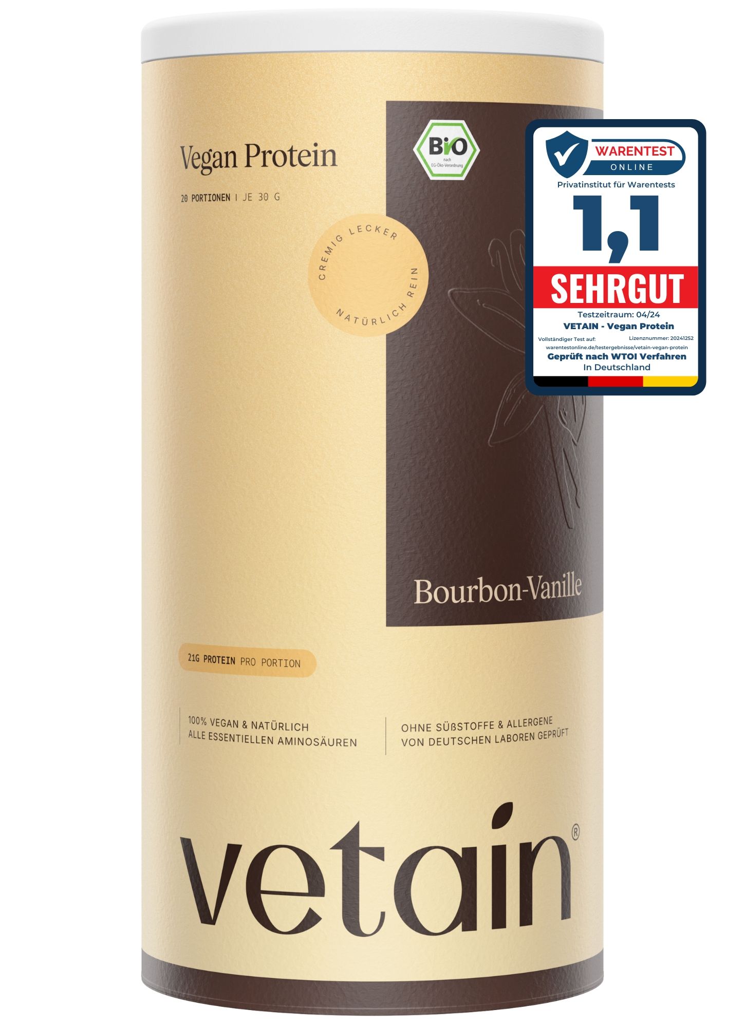 Beige Dose mit "Vegan Protein"-Aufdruck, Bio-Siegel und "Bourbon-Vanille". Bewertungssiegel "Sehr Gut".