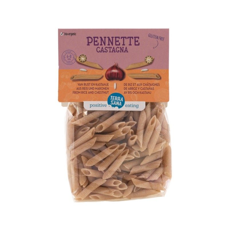 Verpackung Pennette Castagna. Glutenfrei. Text: Van Rijst en Kastanjes, Aus Reis und Maronen. Marke: Terra Sana.