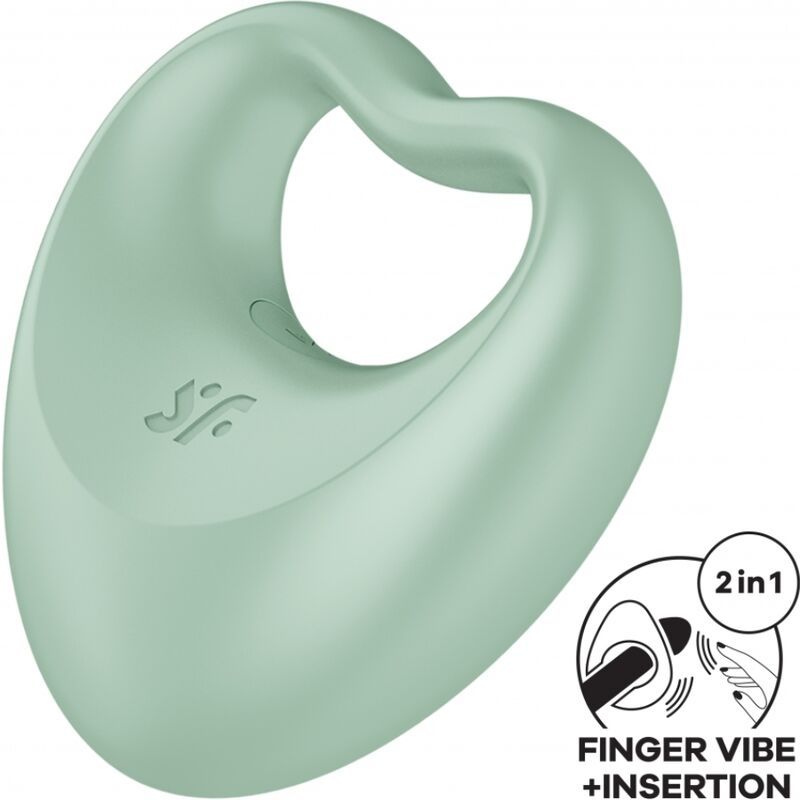 Grüner Finger-Vibrator mit herzförmigem Design und Griff. Mit 2in1-Symbol.