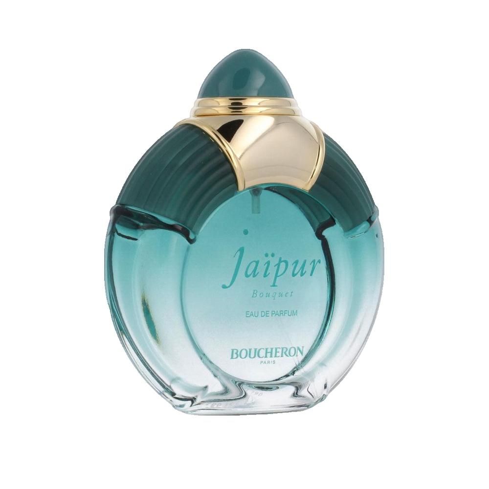 Runder Flakon mit blaugrüner Flüssigkeit. Aufschrift: Jaipur Bouquet, Eau de Parfum, Boucheron Paris.