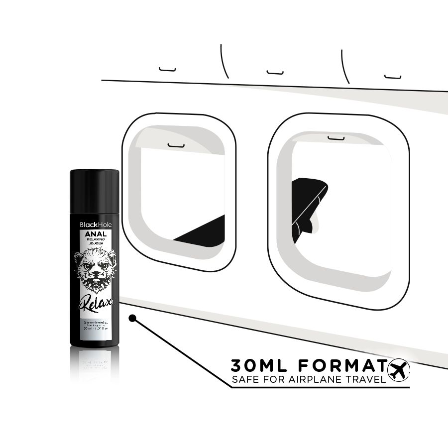 Schwarze Flasche mit 'Black Hole ANAL Relax' Aufschrift und Hundegesicht-Illustration. 30ml Format.