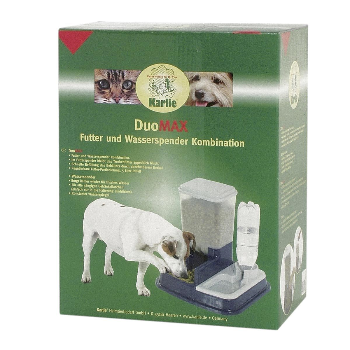 Verpackung von Karlie DuoMAX Futter- und Wasserspender. Produktabbildung, Hunde und Katzen. Grüne Verpackung.