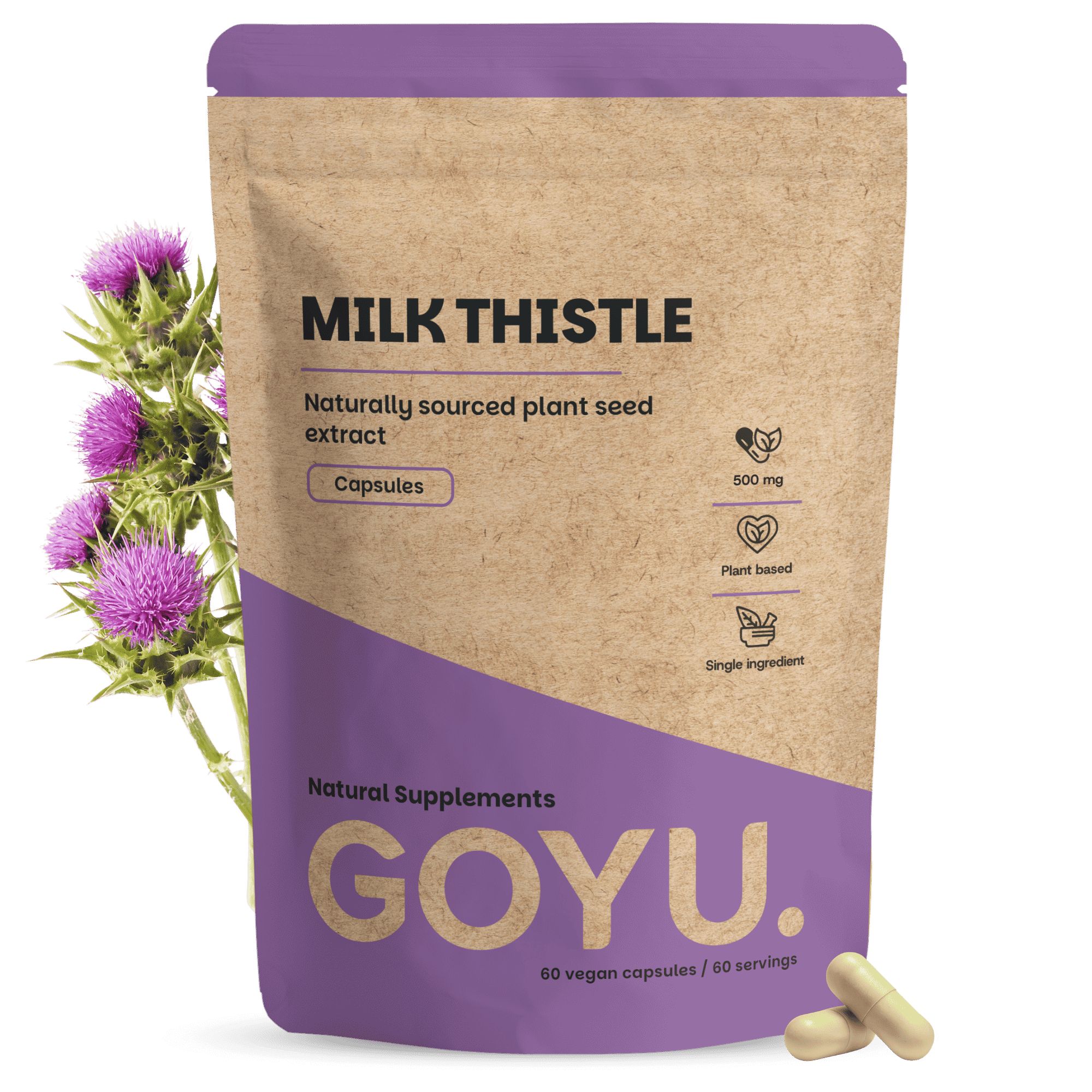 Milchdistel-Extrakt Kapseln, 500 mg, 60 vegane Kapseln pro Beutel.