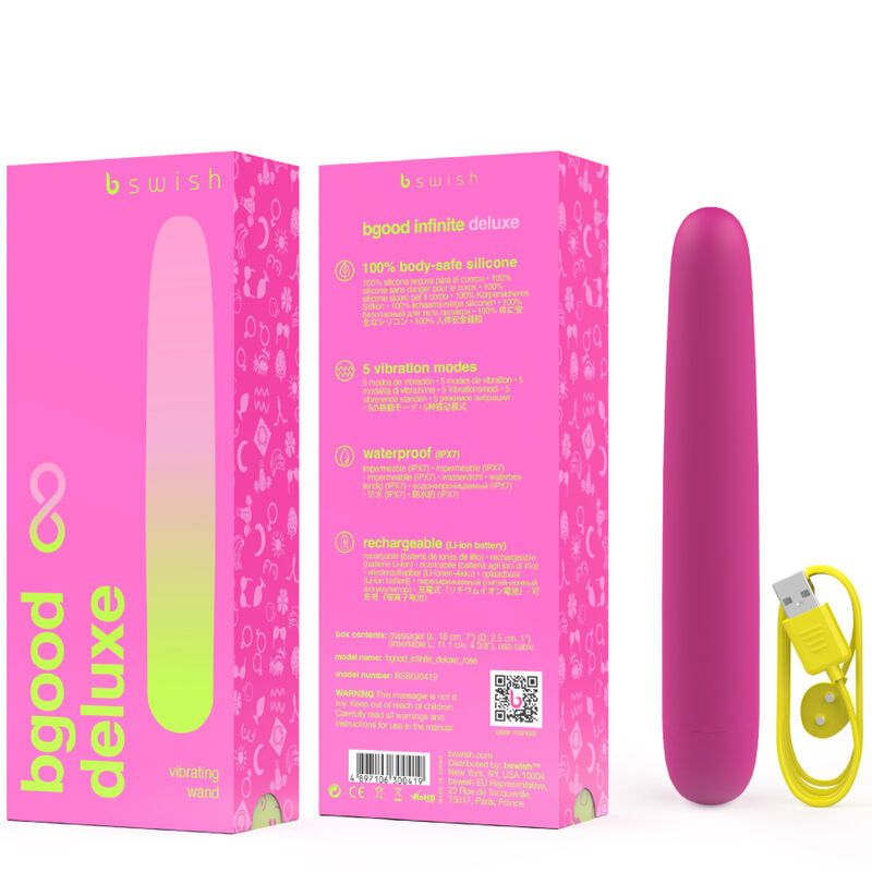 Pinkfarbener Vibrator und Verpackung. Aufschrift: bgood infinite deluxe. Gelbes Ladekabel. 100% körpersicheres Silikon.