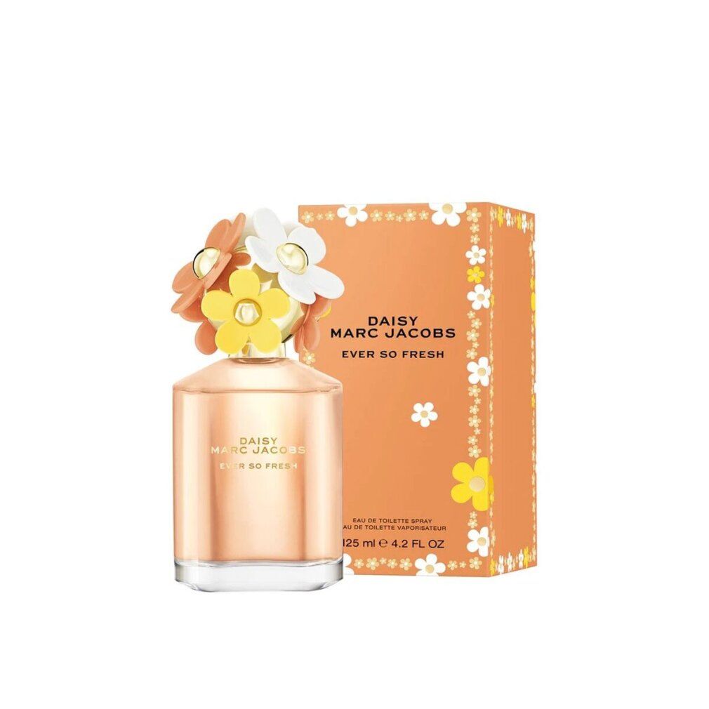 Parfümflakon und Verpackung. Flakon mit Blüten auf dem Deckel. Verpackung orange mit weißen und gelben Blüten. Aufschrift: Daisy Marc Jacobs.