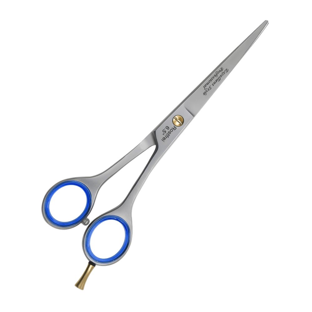 Friseurschere mit glatter Klinge, blauen Gummigriffen und goldfarbenem Akzent. Aufschrift: Excellent Style Professional, Rostfrei.