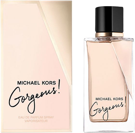Parfümflakon und Verpackung. Rechteckiger Flakon mit schwarzem Deckel. Aufschrift: Michael Kors Gorgeous! EdP Nat. Spray.