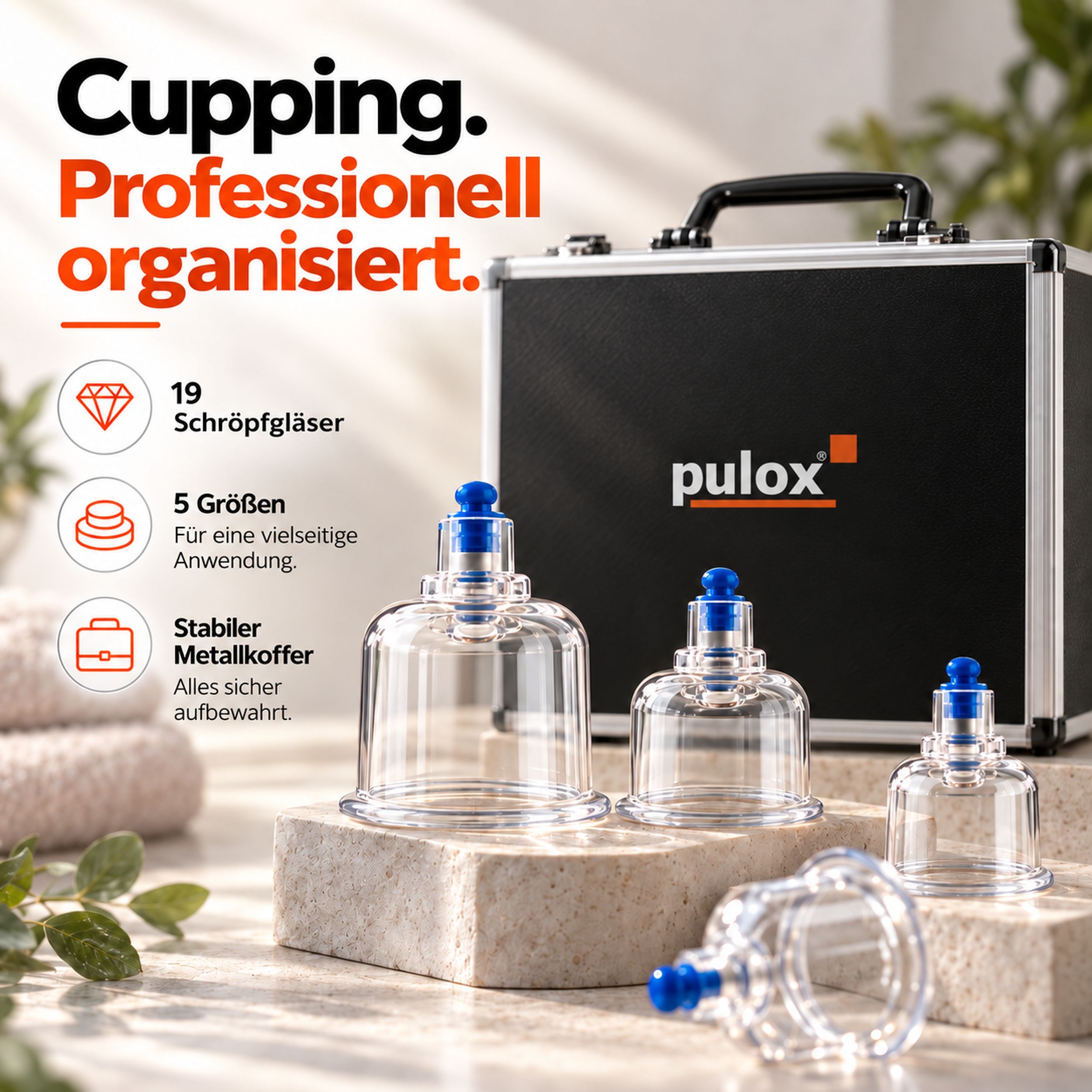 Pulox Schröpfgläser Koffer-Set: 19 Gläser in 5 Größen, Aluminiumkoffer, Pumpe.