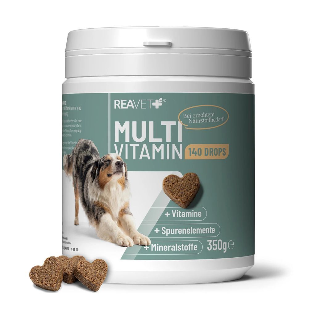 Weiße Dose mit ReaVET Multi Vitamin 140 Drops. Herzförmige Leckerlis. Text: + Vitamine, + Spurenelemente, + Mineralstoffe. 350g.