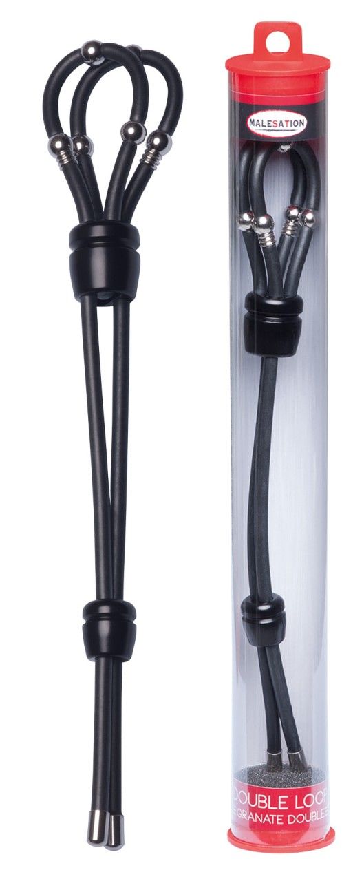 Schwarzes Produkt mit doppelter Schlaufe und Metallkugeln, neben Produkt in transparenter Röhre. Rote Kappe mit Produktnamen.