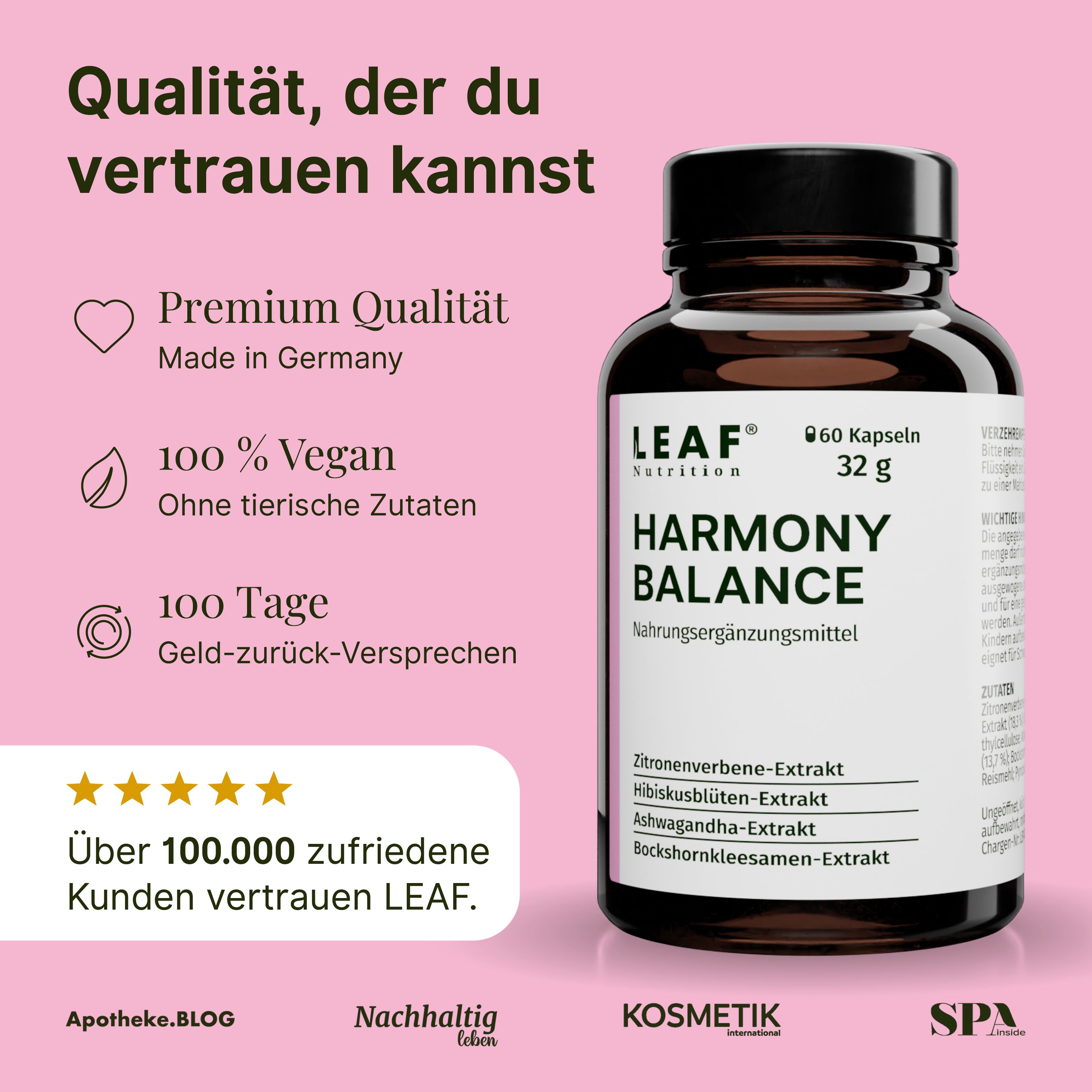 Braune Flasche mit schwarzem Deckel. Aufschrift: LEAF Nutrition, Harmony Balance, 60 Kapseln, 32 g. Logos: Premium Qualität, Vegan, 100 Tage Geld-zurück.