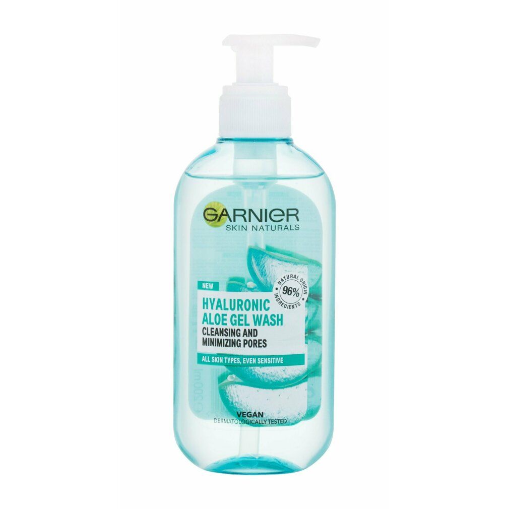 Garnier Skin Naturals Reinigungsgel. Transparente Flasche mit Pumpe. Aufschrift: Hyaluronic Aloe Gel Wash, reinigt und minimiert Poren.