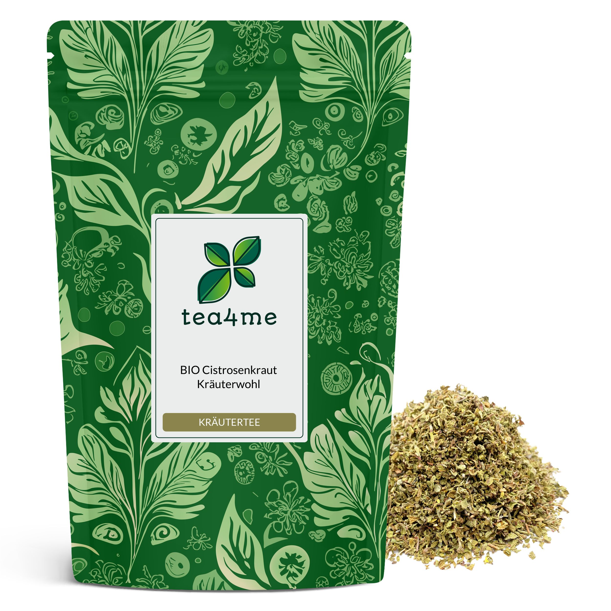 Grüner Beutel mit floralem Muster und Produktbezeichnung. Daneben ein Haufen getrockneter Kräuter.