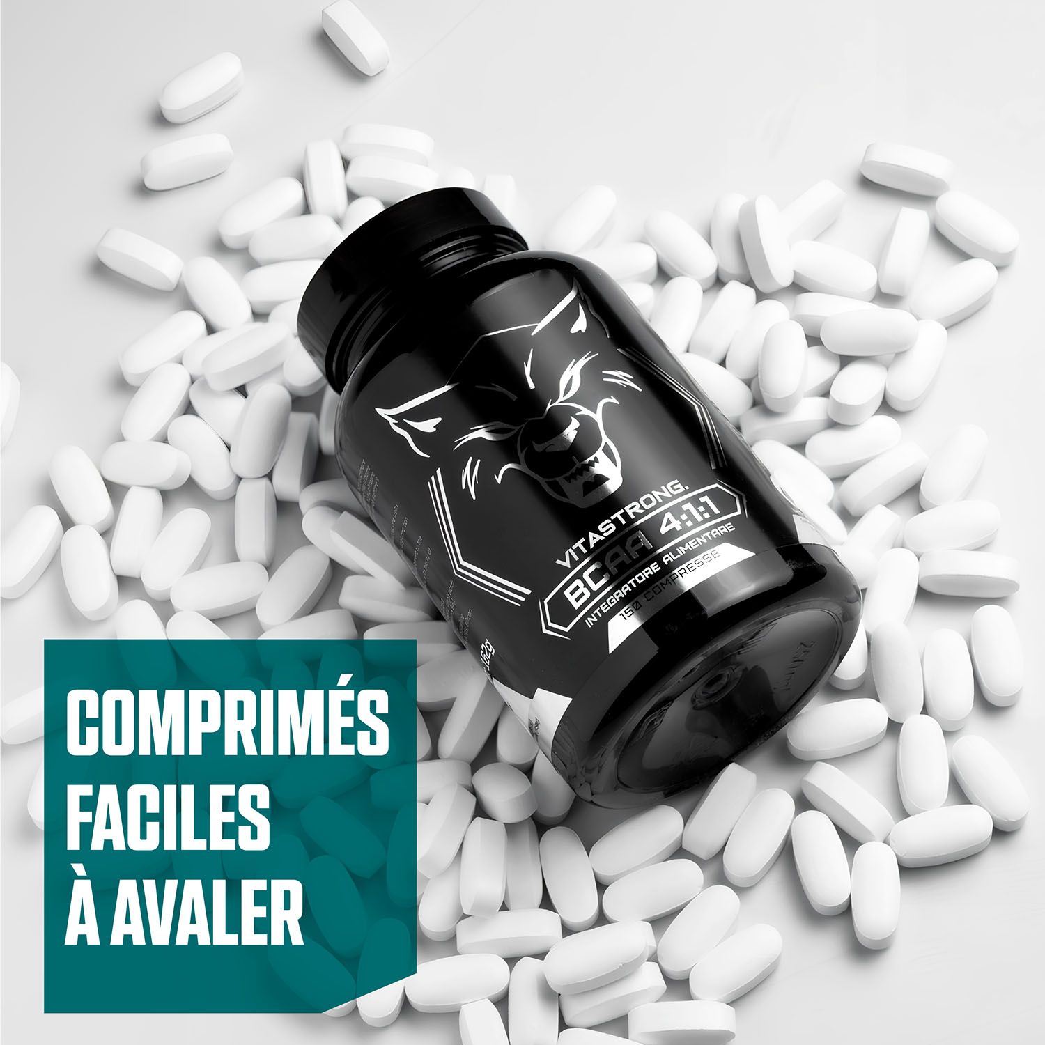 Flacon Vitastrong BCAA 4:1:1 avec comprimés. Texte : Comprimés faciles à avaler.