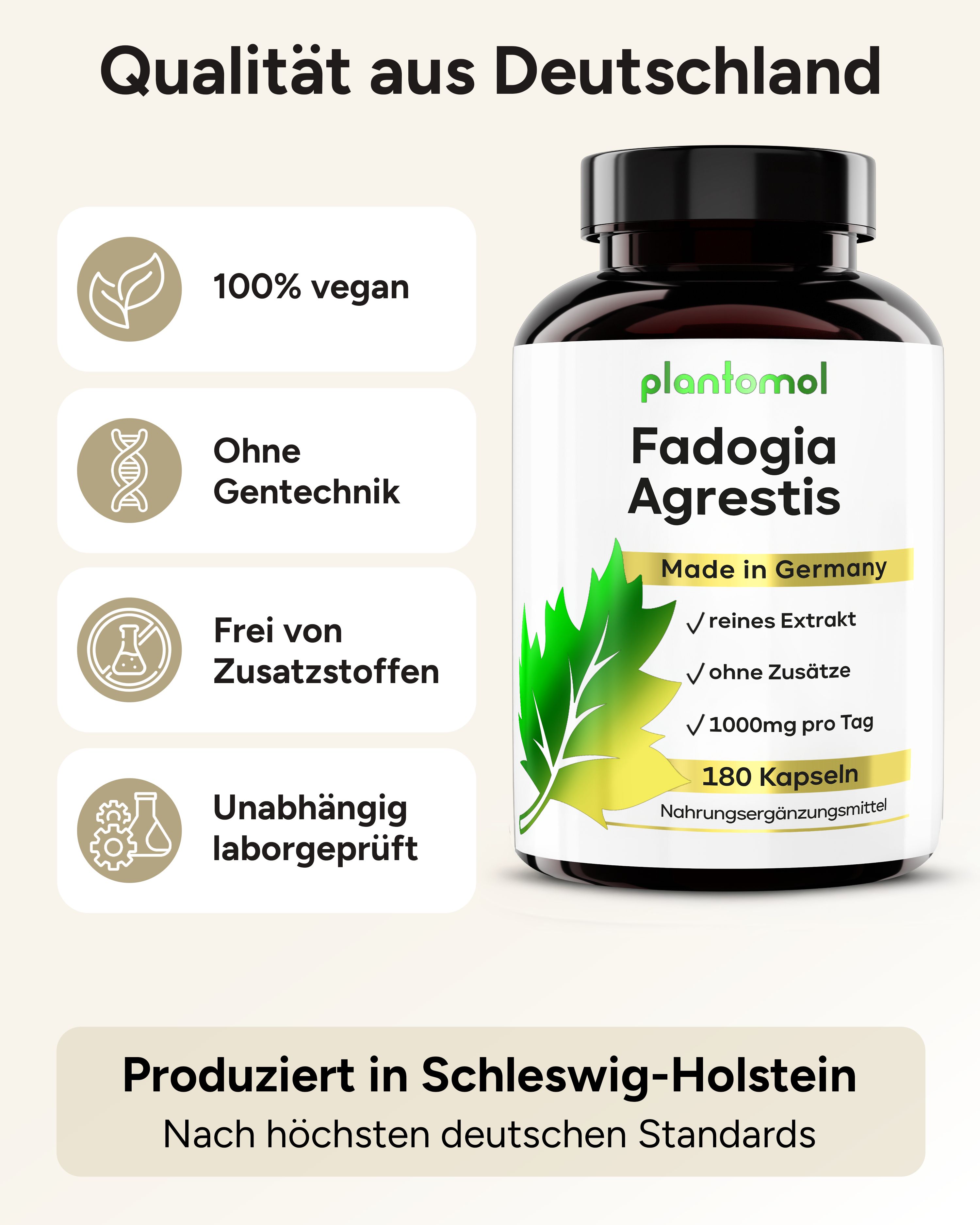 Flasche plantomol® Fadogia Agrestis. Text: 100% vegan, ohne Gentechnik, ohne Zusatzstoffe, laborgeprüft. 180 Kapseln.
