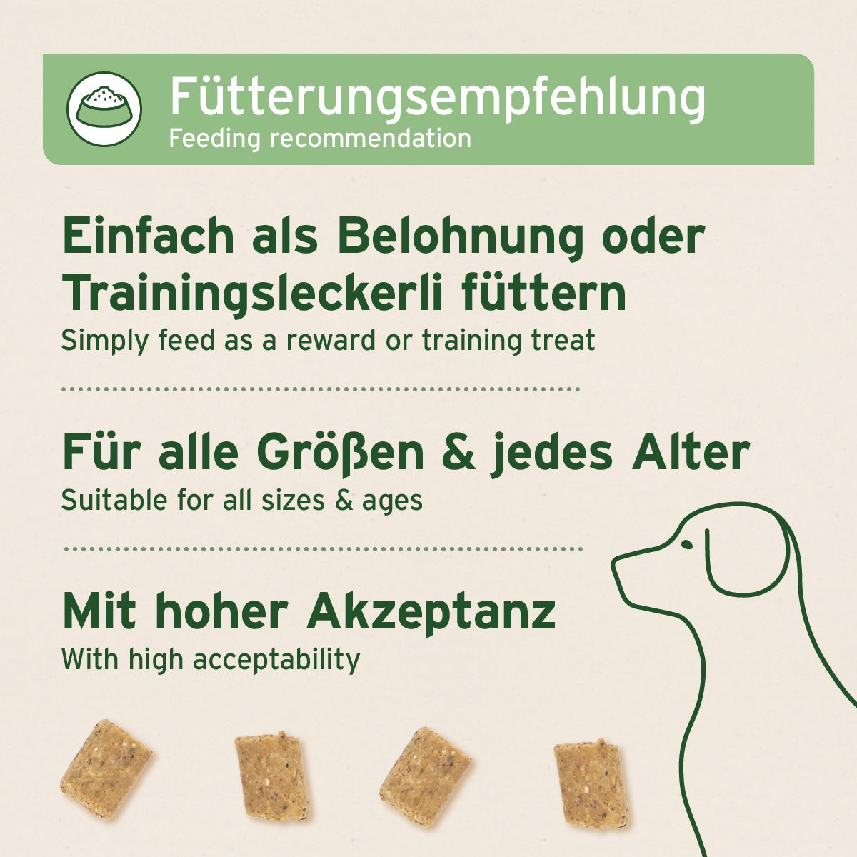 Grüner Hintergrund mit Text. Aufschrift: Fütterungsempfehlung. Einfach als Belohnung oder Trainingsleckerli füttern. Für alle Größen & jedes Alter.