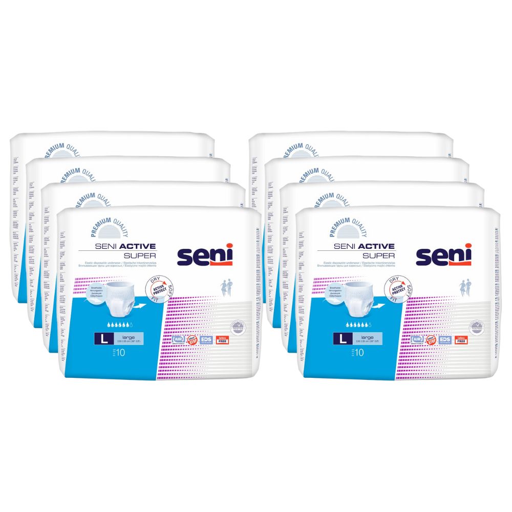 Mehrere Packungen Seni Active Super Inkontinenzhosen, Größe L, in Folienverpackung. Aufdrucke mit Produktinformationen.