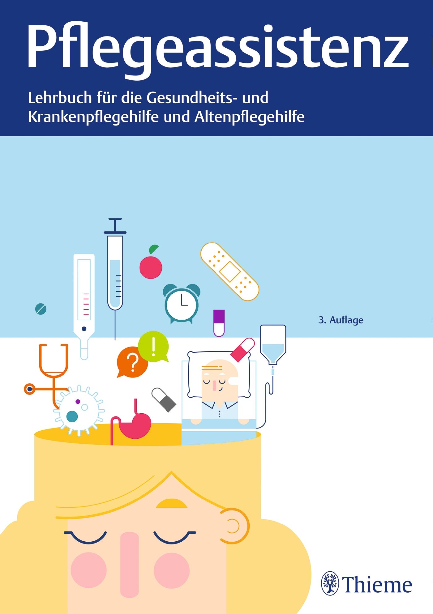 Buchcover: Pflegeassistenz. Lehrbuch für Gesundheits- und Krankenpflegehilfe und Altenpflegehilfe. Illustrationen medizinischer Symbole.