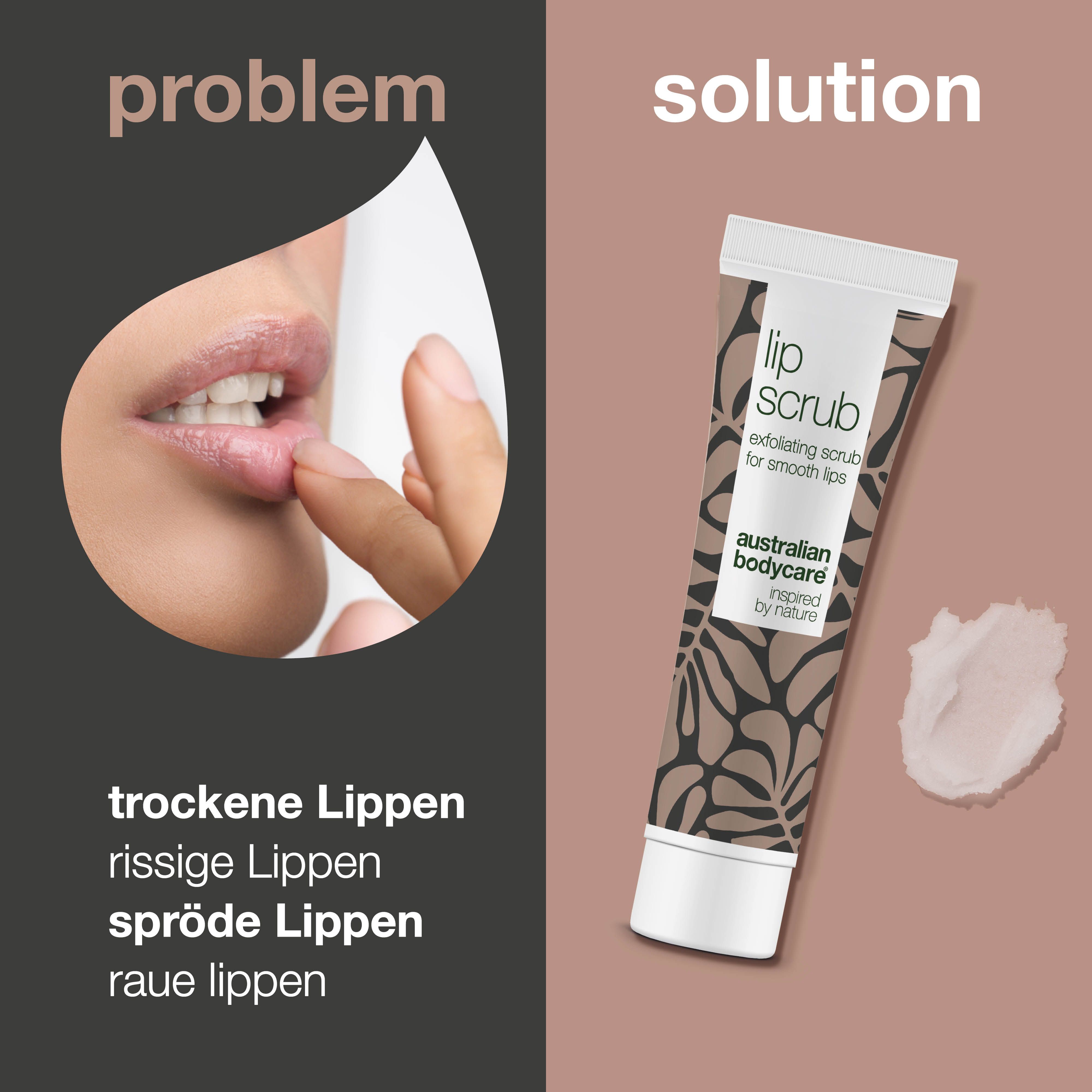 Tube Lip Scrub, Australian Bodycare. Text: Effektives Peeling für trockene und rissige Lippen. Braunes Muster.