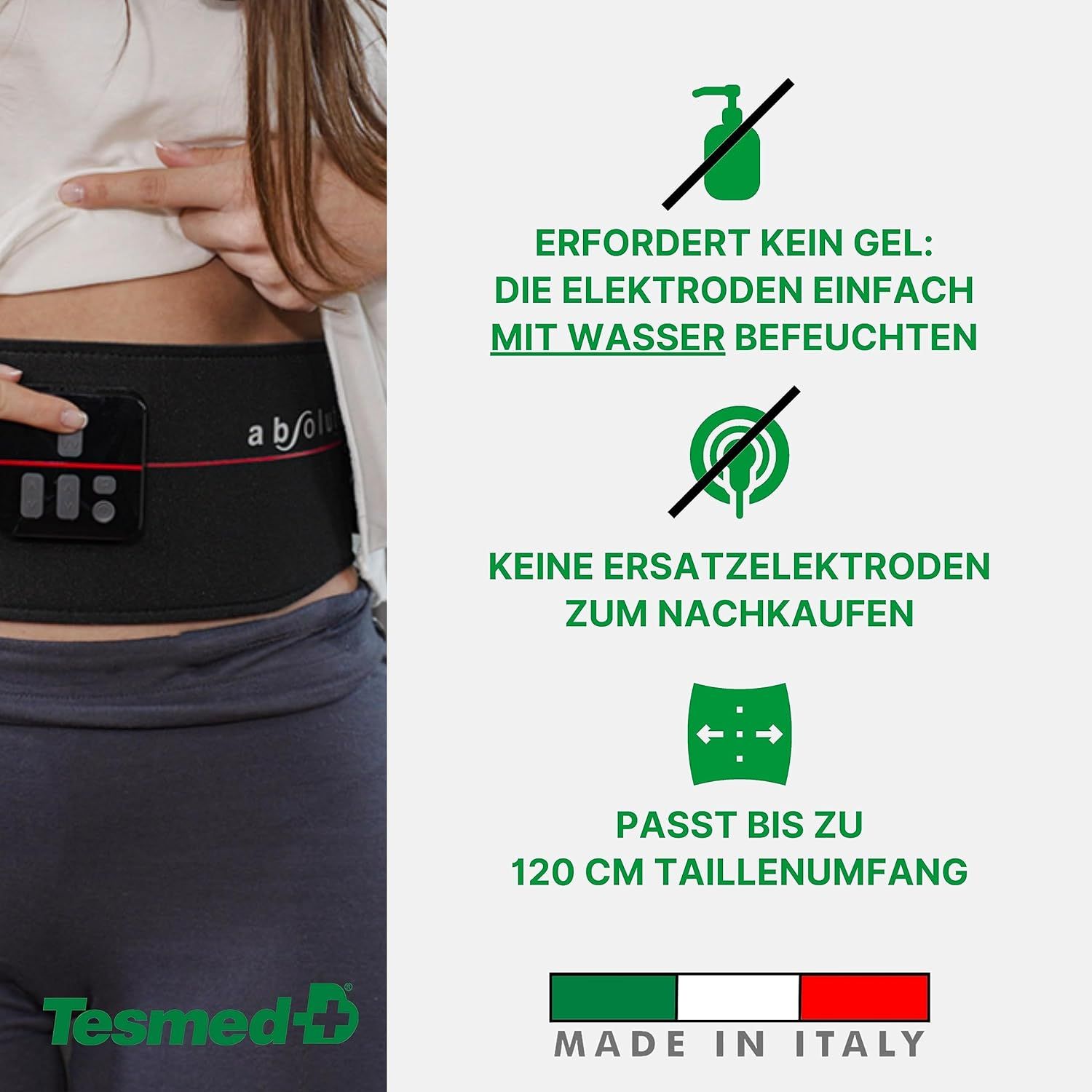 TESMED Absolute: EMS-Bauchmuskeltrainer, 15 Programme, Unisex, Wiederaufladbar, Made in Italy