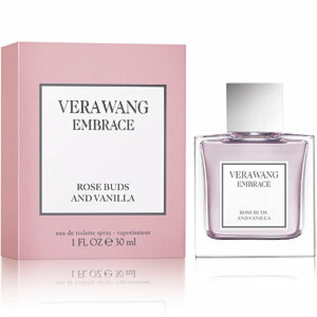 Rosa Verpackung und Flakon. Verpackung mit "VERA WANG EMBRACE ROSE BUDS AND VANILLA". Flakon mit rosa Flüssigkeit.