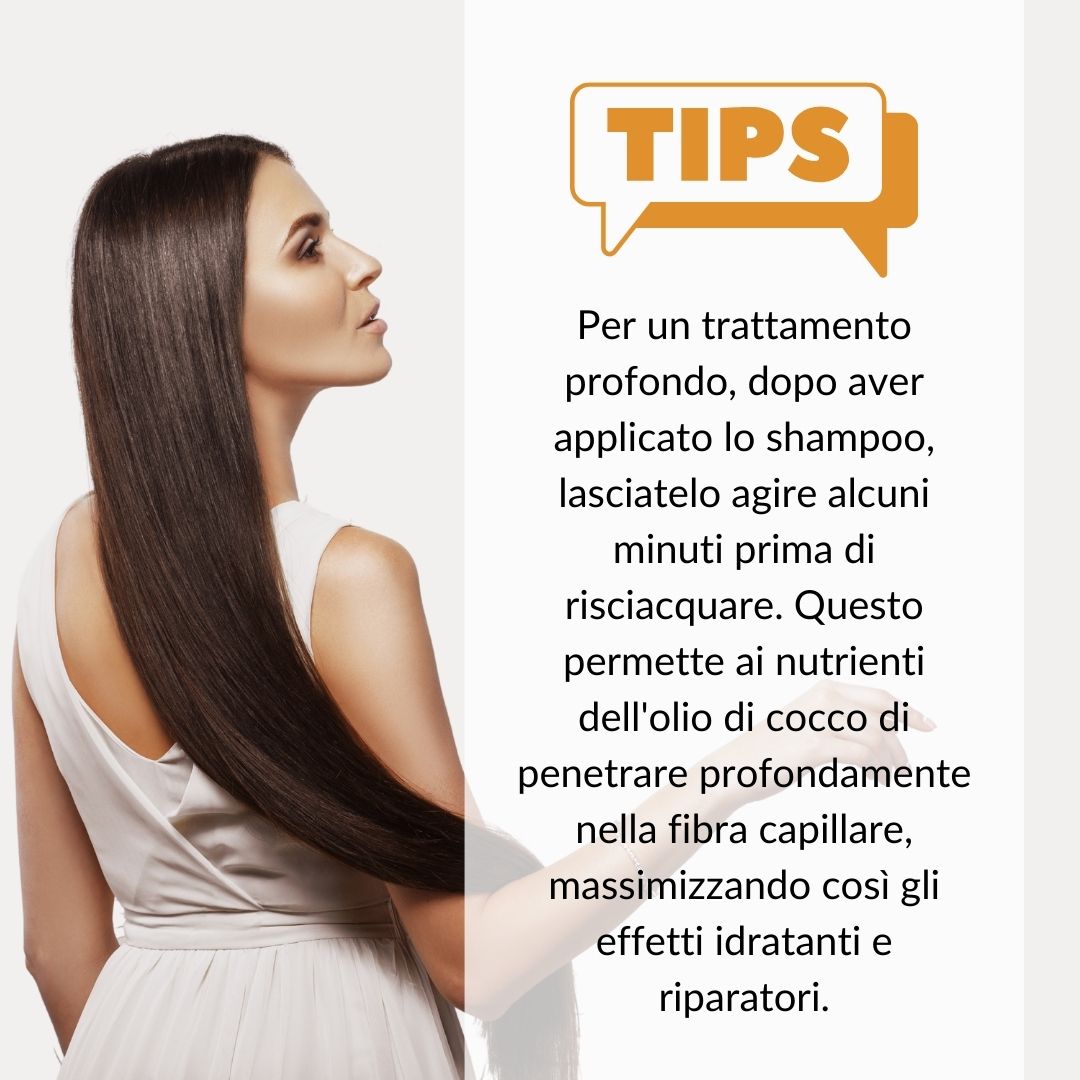 Donna con capelli lunghi e castani. Testo: Suggerimenti per un trattamento profondo con olio di cocco.