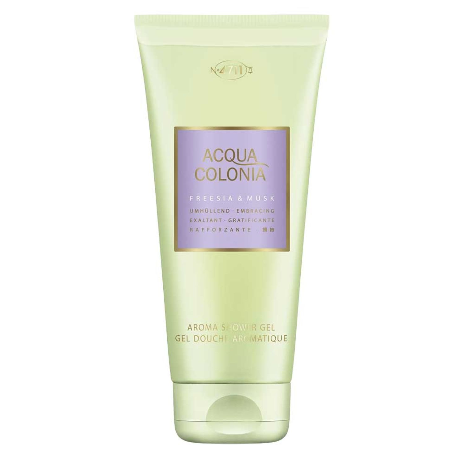 Grünliche Tube. Lila Etikett mit Text: Acqua Colonia, Freesia & Musk. Aroma Shower Gel. Hellgrüner Hintergrund.