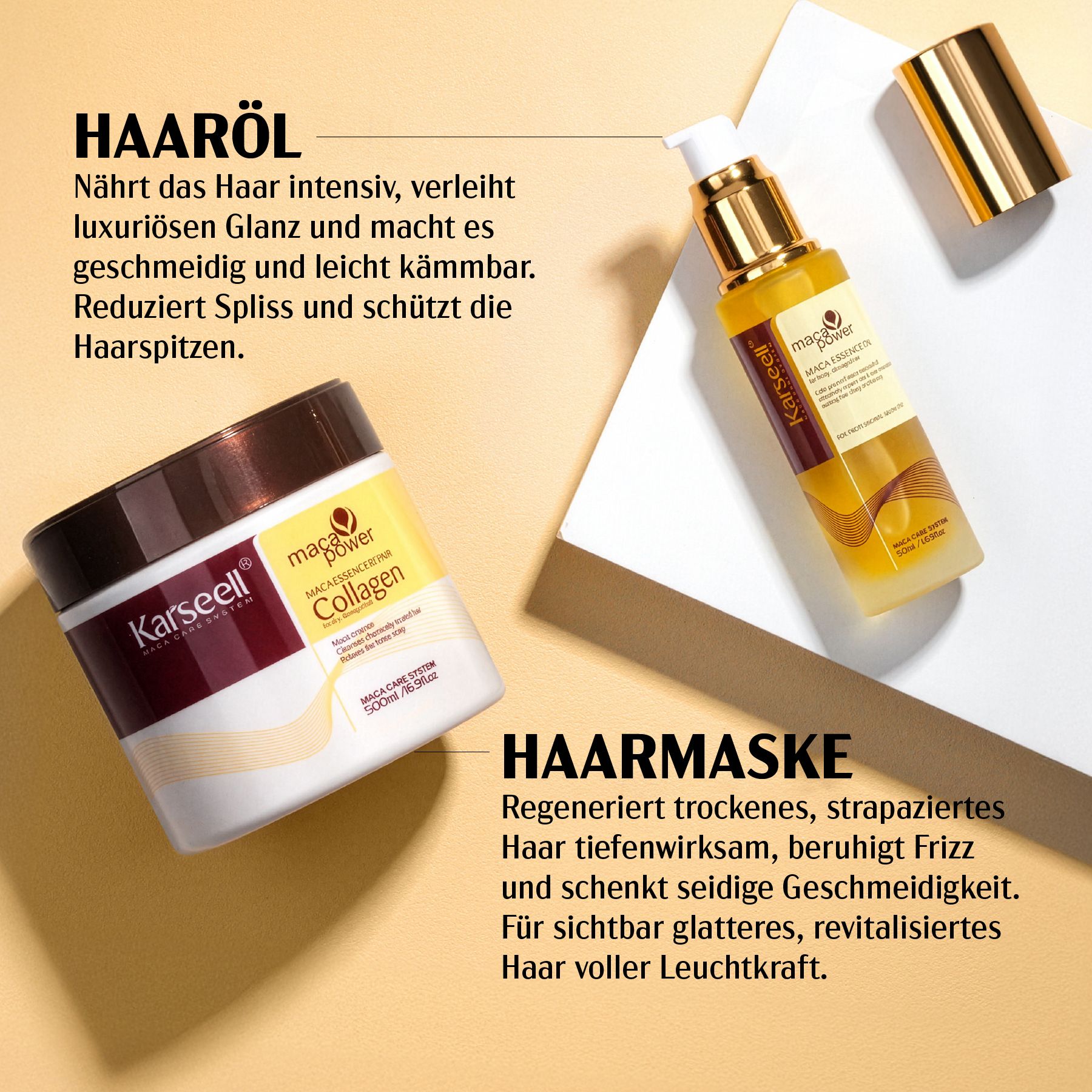 Karseell Maca Essenz Öl und Maca Collagen Haarmaske. Ölflasche und Maskenbehälter. Gelbe und braune Akzente. Auf hellem Hintergrund.
